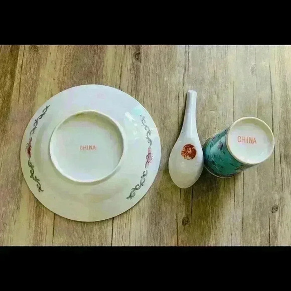 SET 3 VTG YELLOW FAm ROSE MUN SHOU JINGDEZHEN CHINA LONGEVITY Plate,cup,spoon - Picture 2 of 2